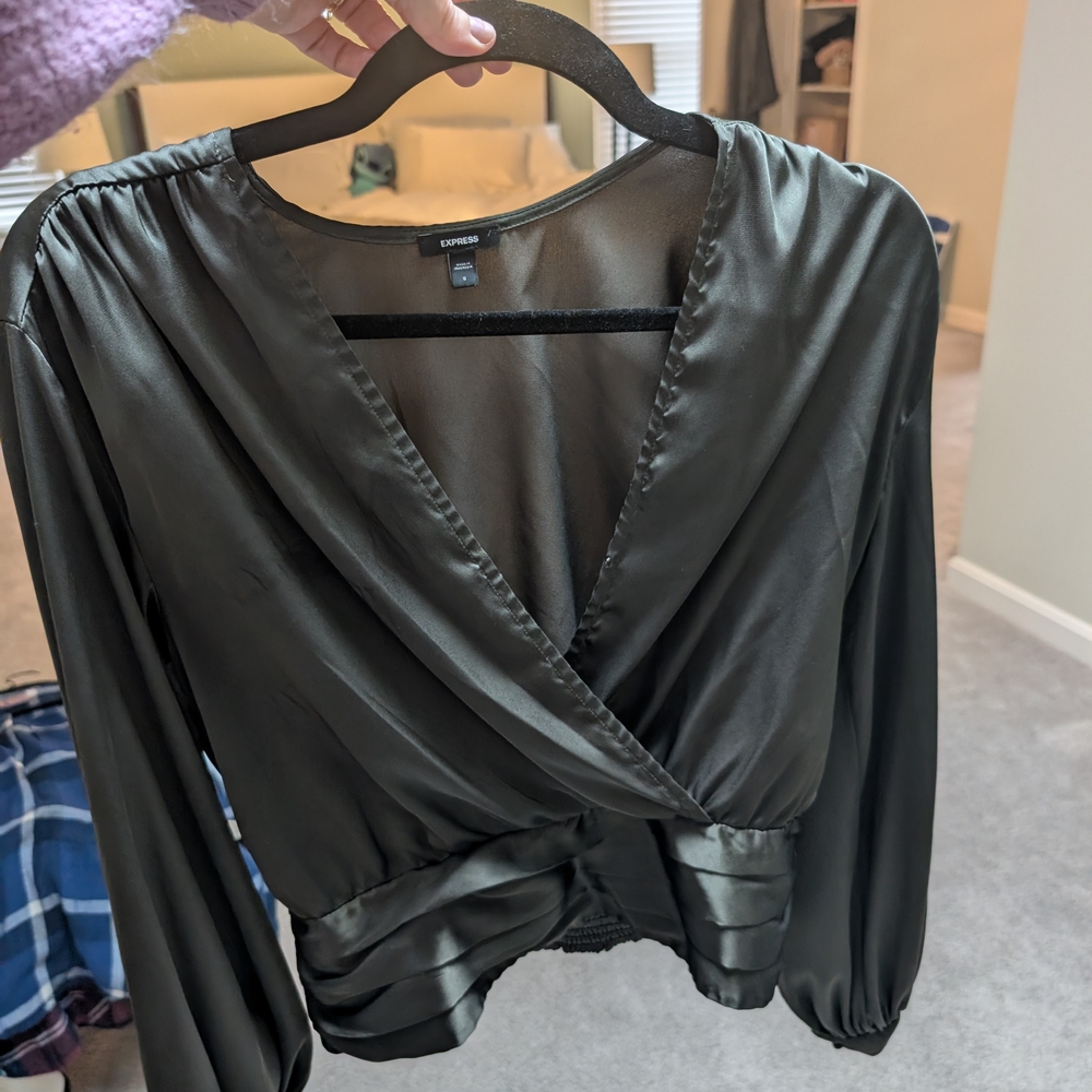 Express Olive Satin Surplice Wrap Blouse